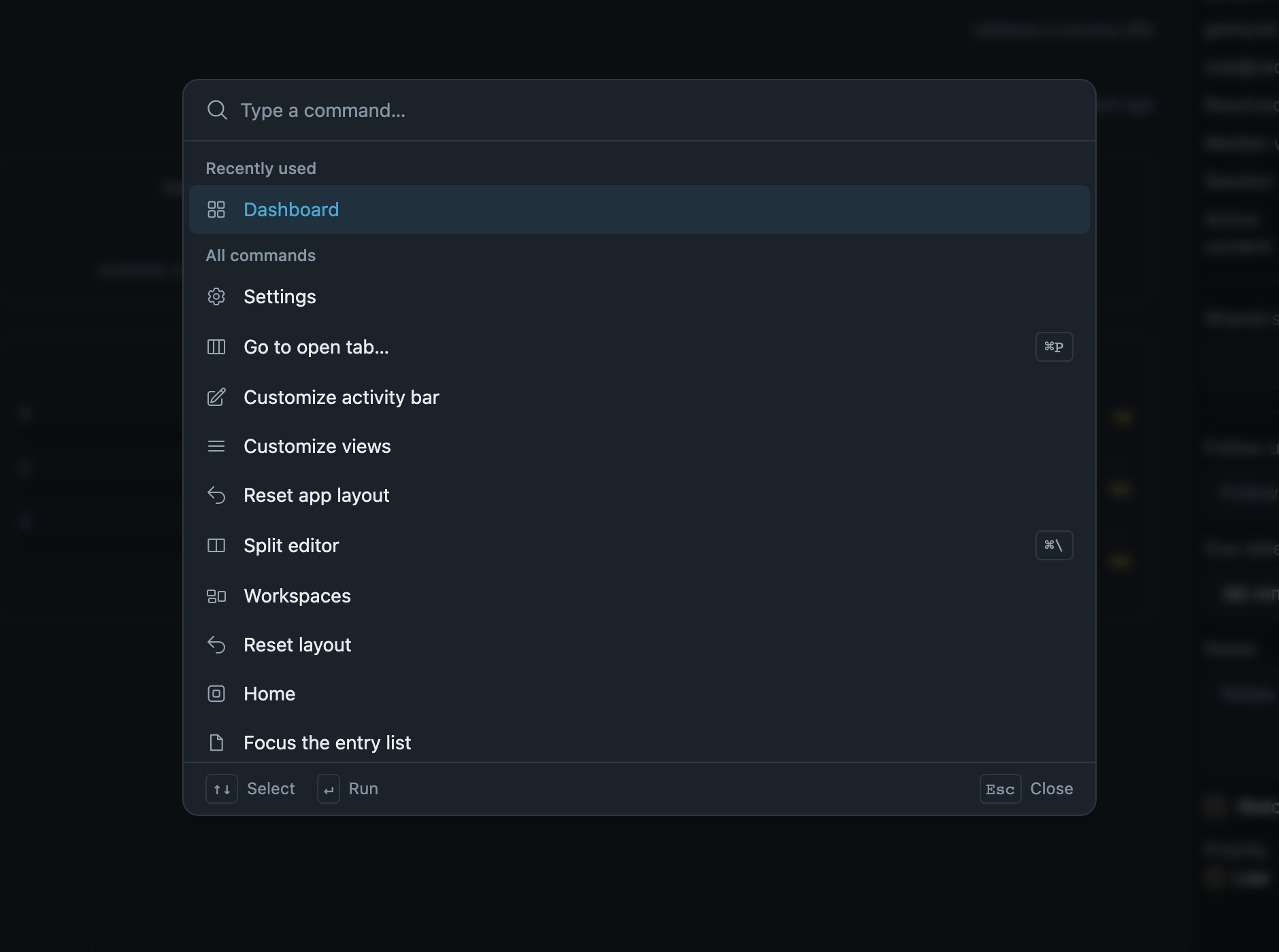 The LoomWeaver command palette open over a dashboard, listing commands contributed by plugins