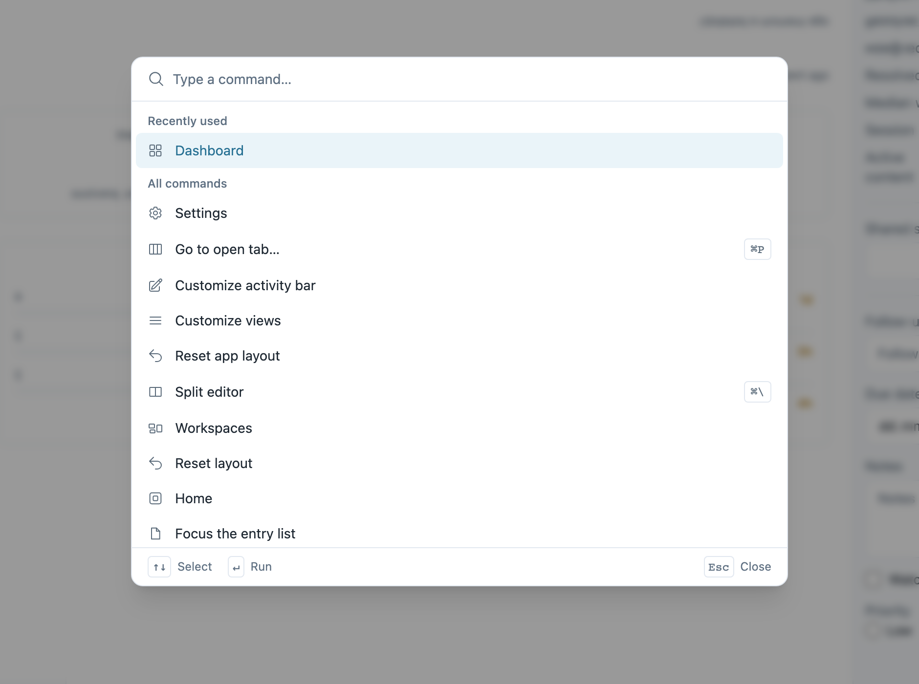 The LoomWeaver command palette open over a dashboard, listing commands contributed by plugins