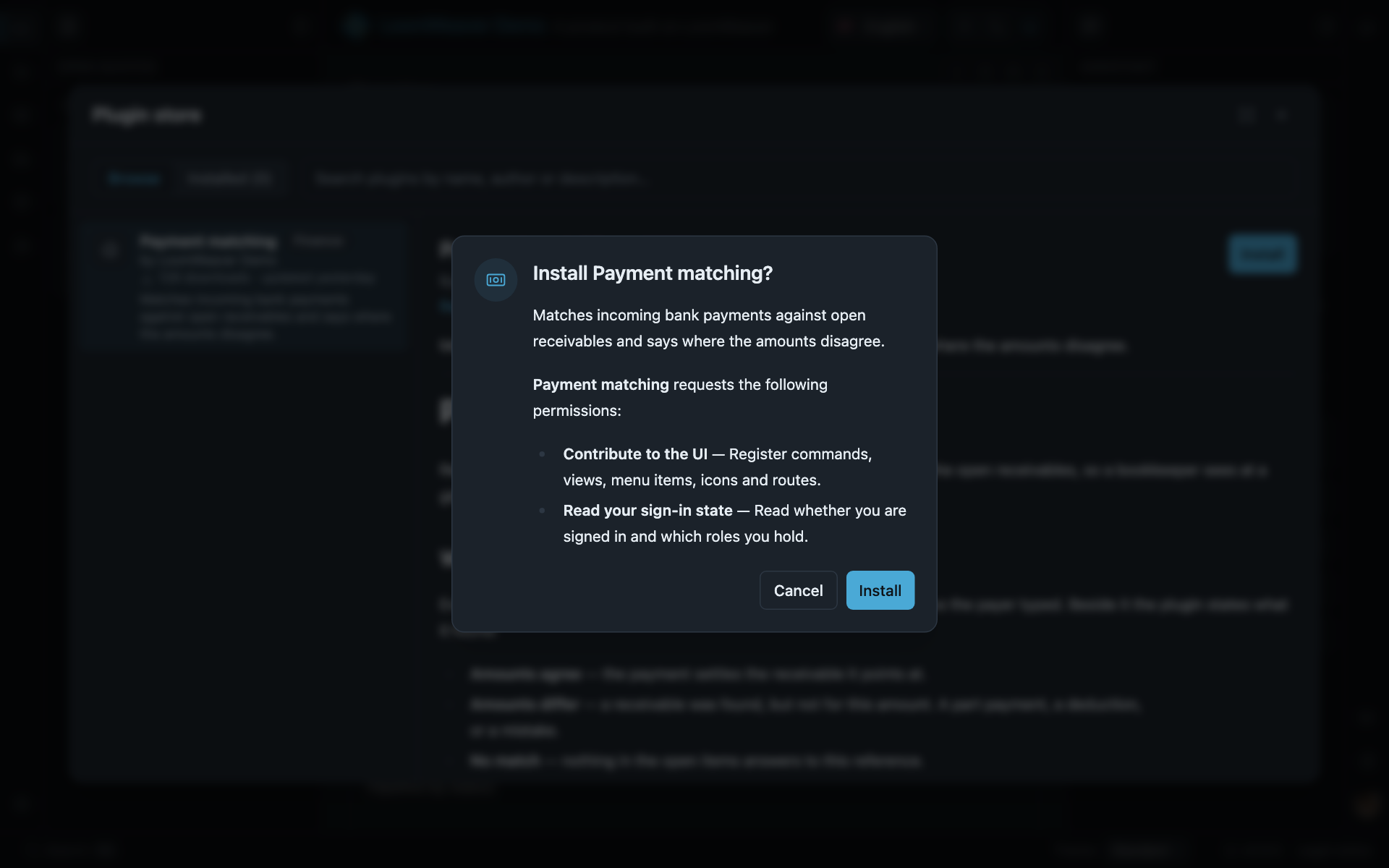The install prompt for a plugin from the catalogue, listing the two permissions it requests, with Cancel and Install buttons