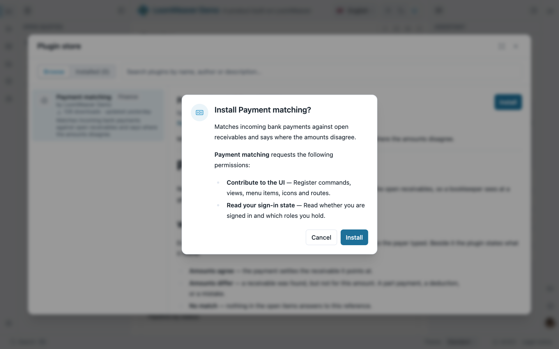 The install prompt for a plugin from the catalogue, listing the two permissions it requests, with Cancel and Install buttons