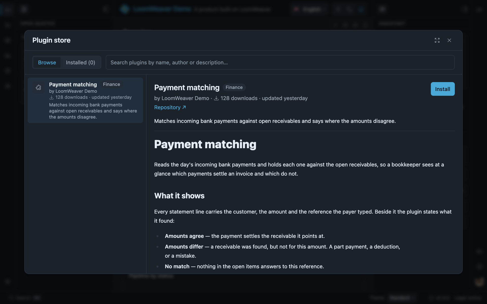 The plugin store dialog with a catalogue card on the left and the Payment matching plugin's detail on the right, with an Install button.