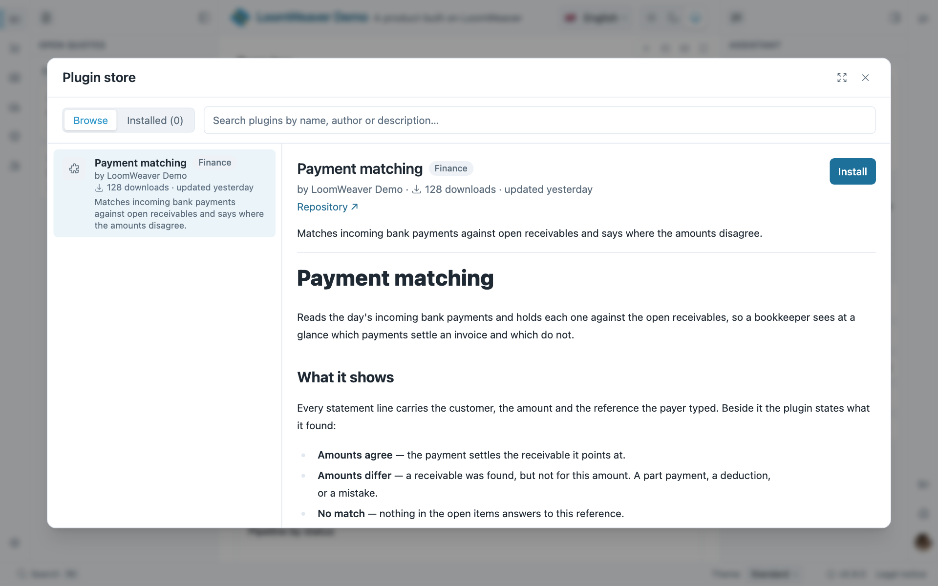 The plugin store dialog with a catalogue card on the left and the Payment matching plugin's detail on the right, with an Install button.