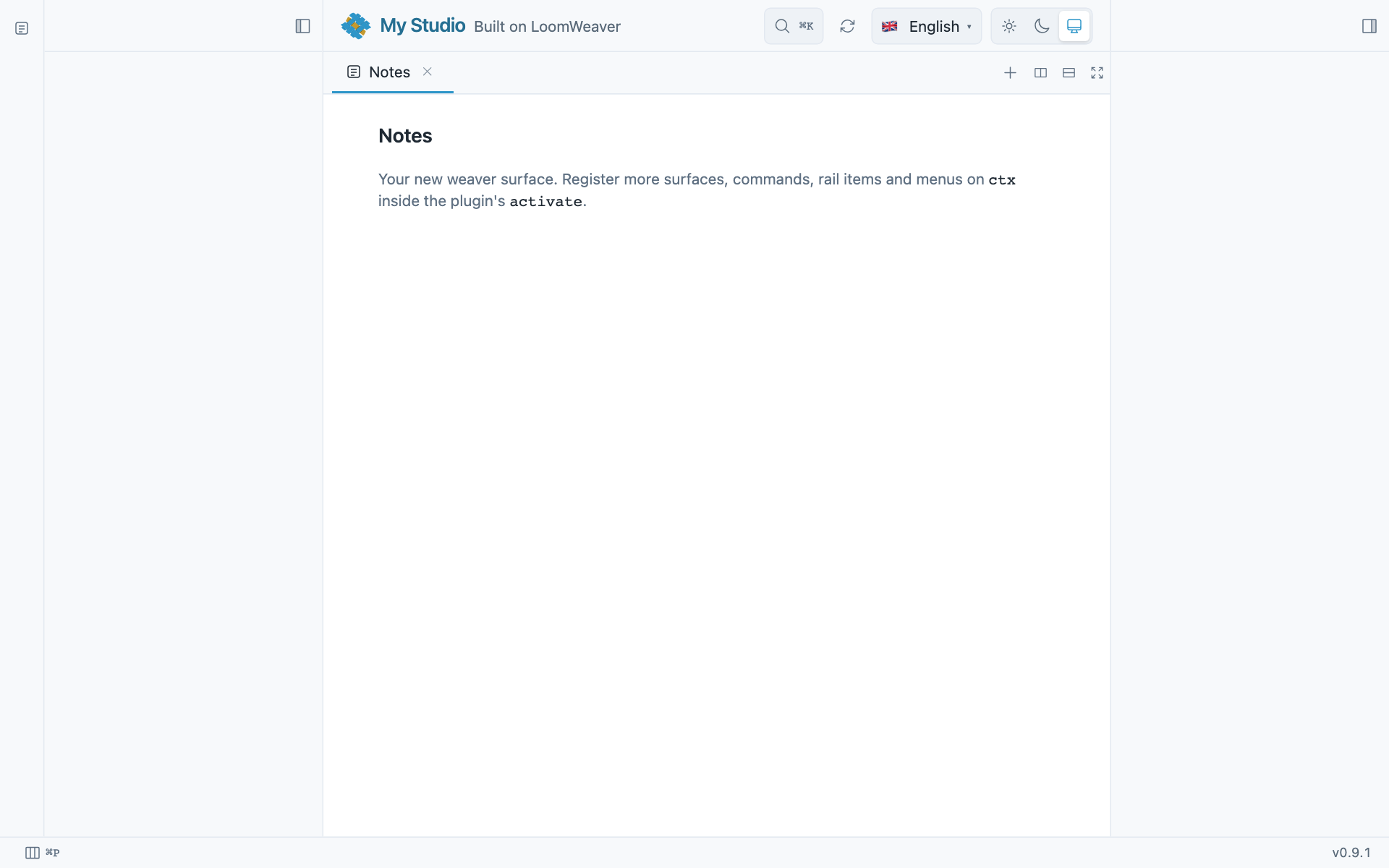 The scaffolded product after the first run: the top bar with the product name, the notes weaver open in a tab, the shell's version in the status bar.