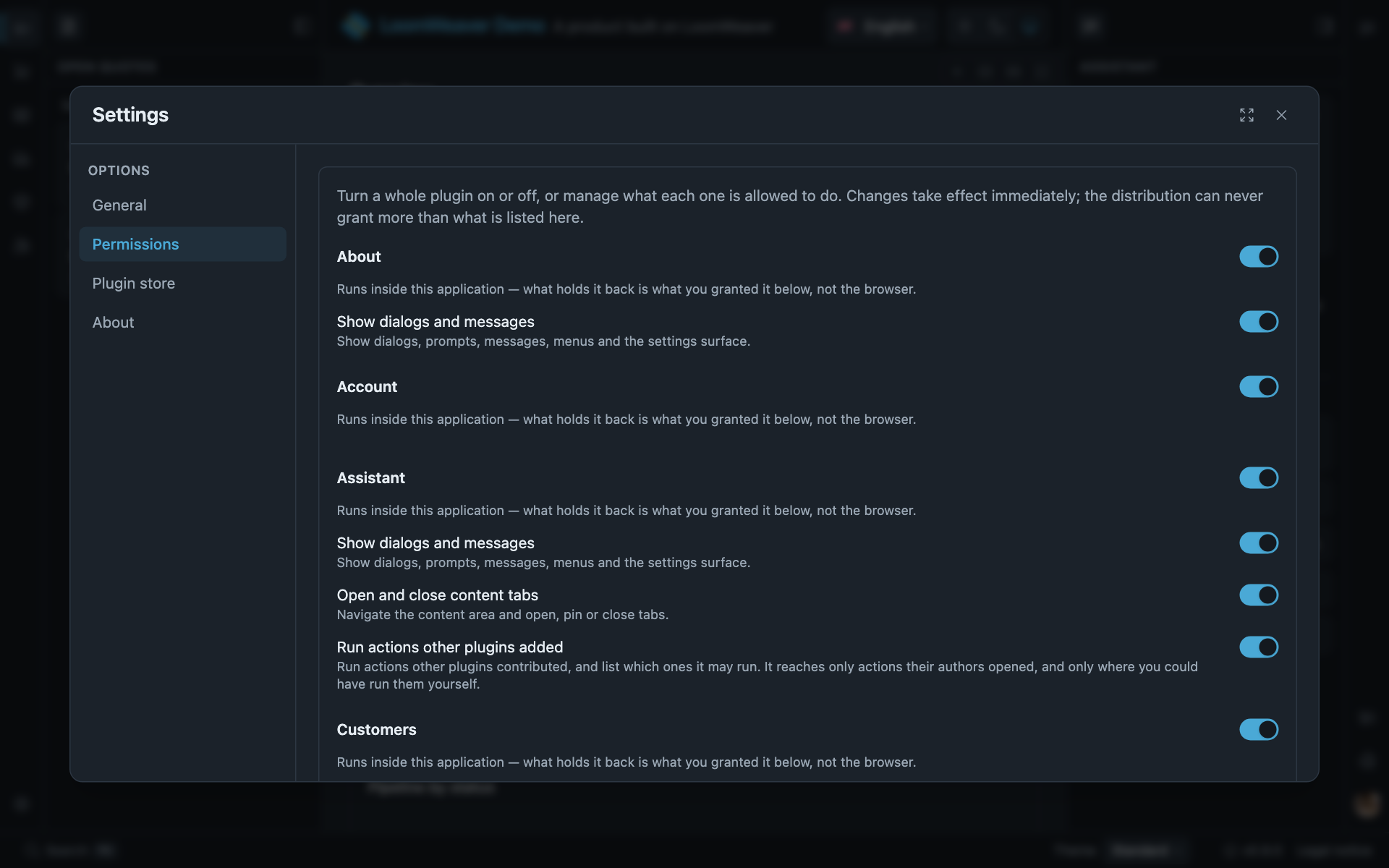 The settings dialog of a LoomWeaver workbench, with a plugin’s section and its permissions