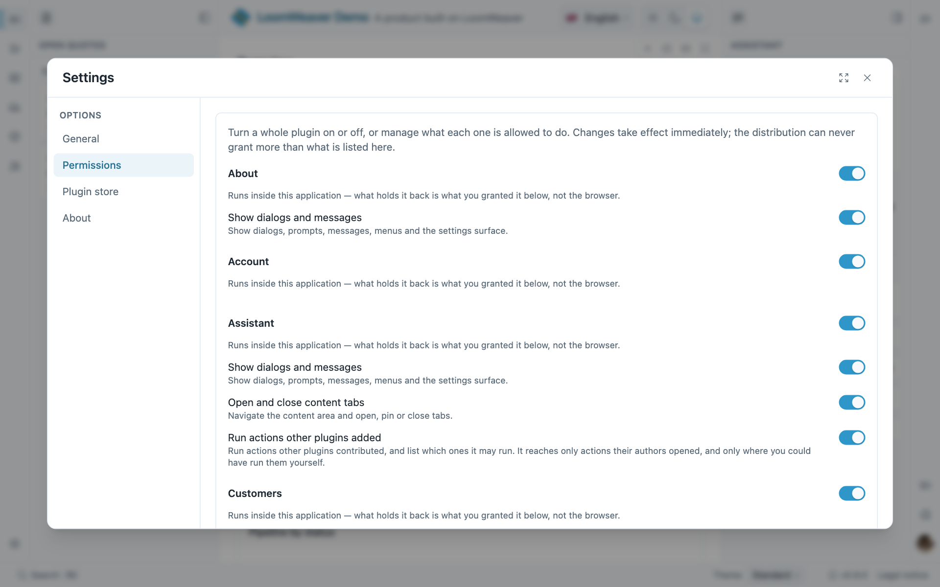 The settings dialog of a LoomWeaver workbench, with a plugin’s section and its permissions