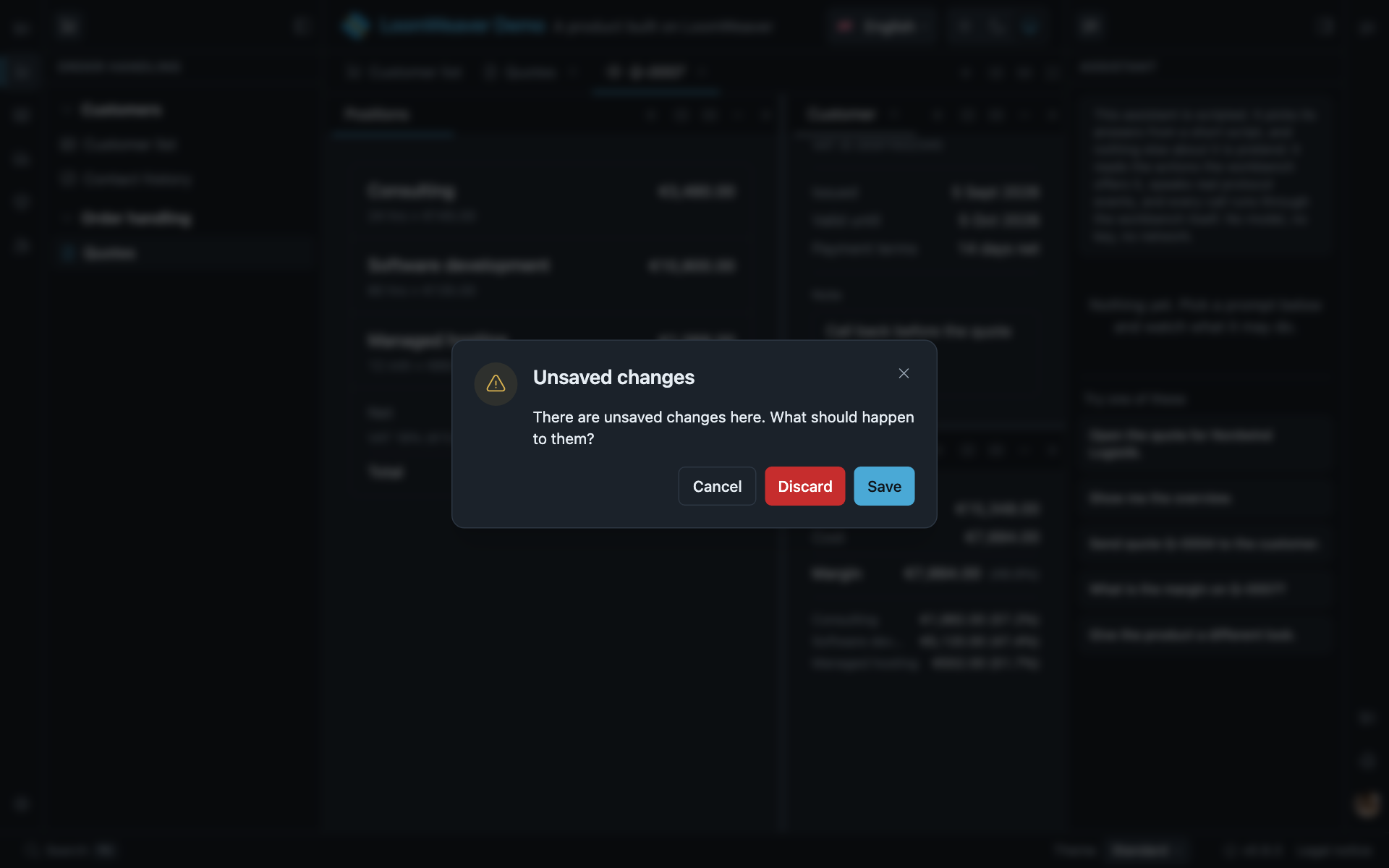 The unsaved-changes prompt over a quote document, asking what should happen to the unsaved changes, with Cancel, Discard and Save.