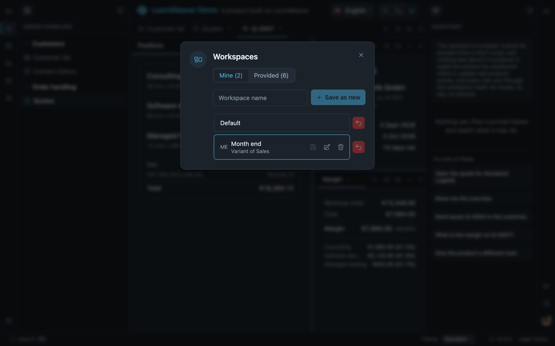 The Workspaces dialog with a provided workspace and one the user saved