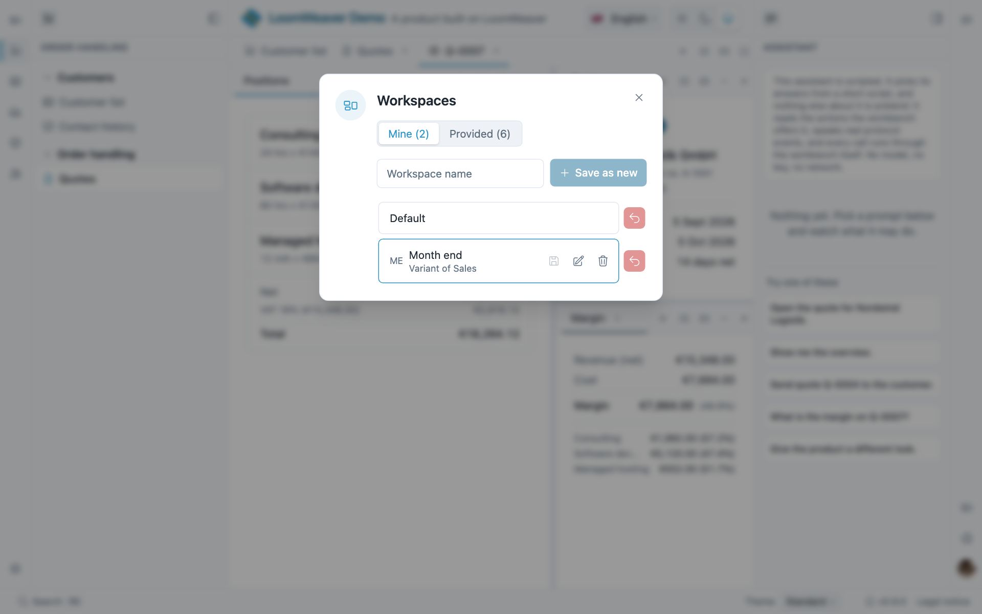 The Workspaces dialog with a provided workspace and one the user saved